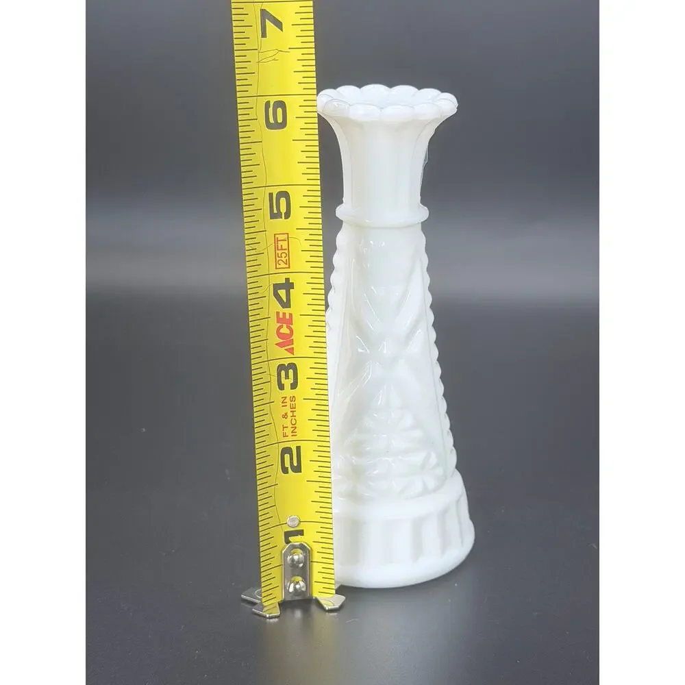 Vintage Hazel Atlas Milk Glass Starburst Bud Vase 6” Scalloped Rim MCM